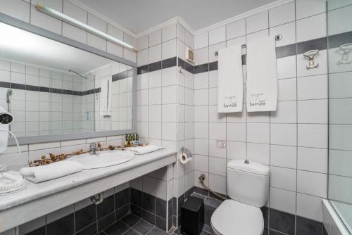 雷夫卡达镇拉诺斯酒店的一间带卫生间、水槽和镜子的浴室