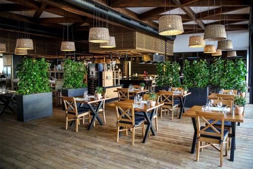 沙莫林X-BIONIC Hotel的一间设有桌椅和盆栽的餐厅