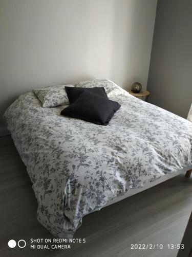 欧里亚克appartement avec terrasse的一张带黑白毯子和枕头的床