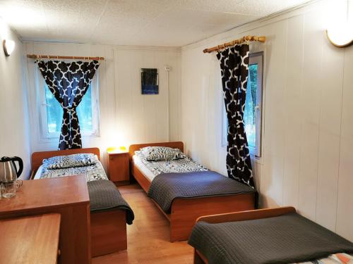斯维耶塔利普卡Nova Mazury的客房设有两张床、一张桌子和两个窗户。
