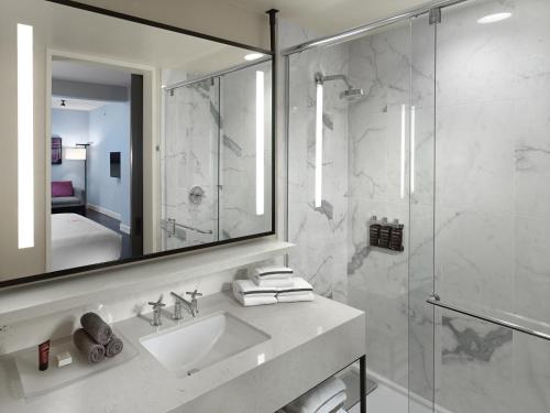 旧金山阿西莫酒店的浴室配有盥洗盆和带镜子的淋浴