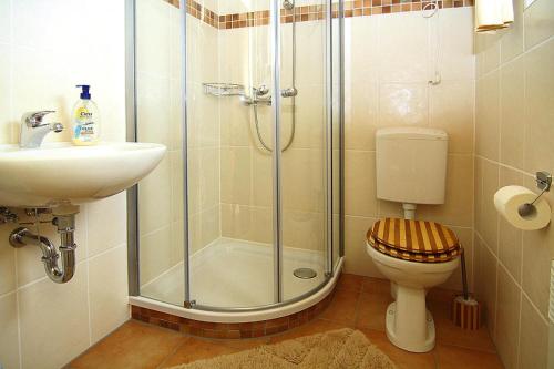 吕本Holiday home, Luebben的带淋浴、卫生间和盥洗盆的浴室