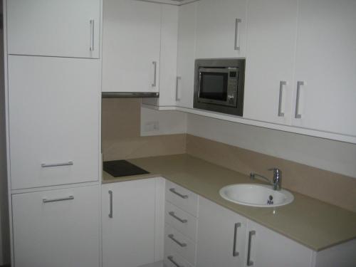 德尼亚Apartamentos Fercamar Denia的白色的厨房配有水槽和微波炉