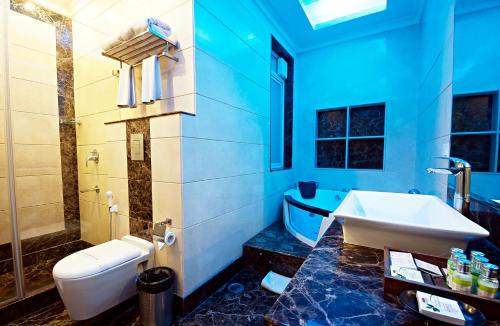 新德里The Grand Vikalp By Saga Hotels的浴室配有盥洗盆、卫生间和浴缸。
