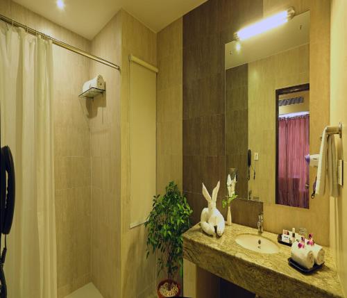 蒂鲁帕蒂Renest Tirupati的一间带水槽、淋浴和镜子的浴室