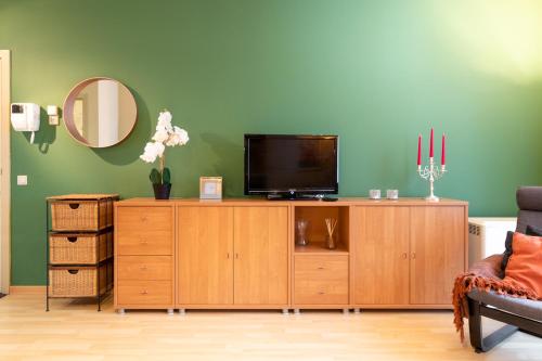 布鲁塞尔Cozy Apartment Brussels Centre的客厅配有木柜上的电视