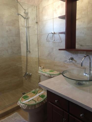 圣斐利-银港Apartamentos Kika的一间带水槽和玻璃淋浴的浴室