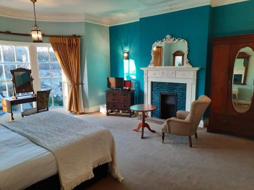 达宁顿堡多宁顿庄园酒店的一间卧室配有一张床、一个壁炉和一个镜子