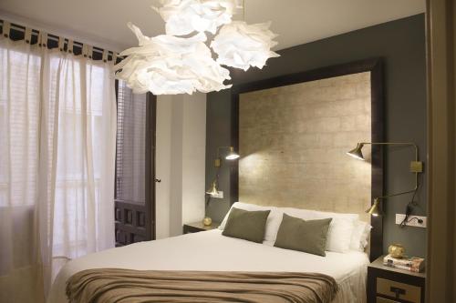 图德拉Apartamento Palacio Descalzos的一间卧室配有一张大床和一个吊灯。