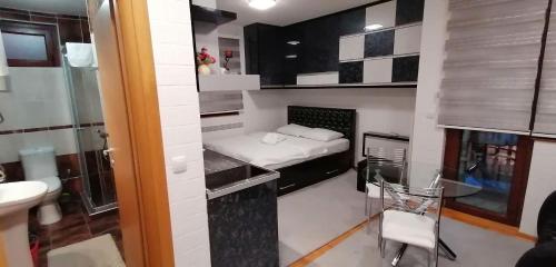 兹拉蒂博尔Apartman De lux Zlatibor的小房间设有床、桌子和水槽