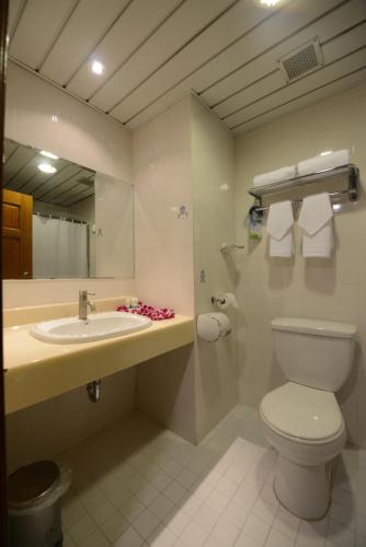 塔穆宁Days Inn Guam - Tamuning的一间带水槽、卫生间和镜子的浴室