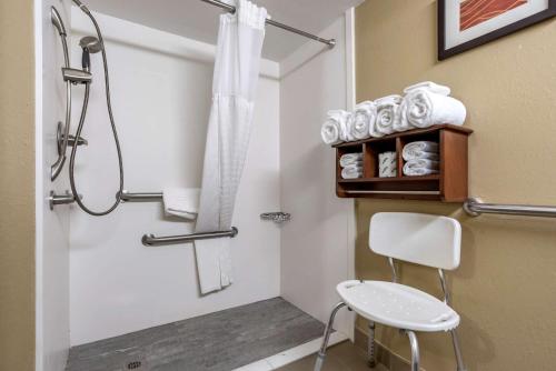 利兹Comfort Inn & Suites Leeds I-20的带淋浴和白色椅子的浴室