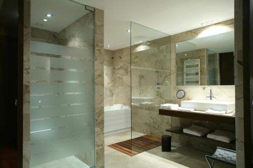 莱里达普拉茨庄园高尔夫水疗酒店的一间带玻璃淋浴和水槽的浴室