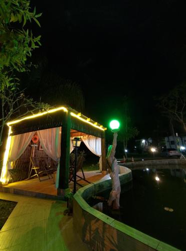 佩尼多Pousada Chez Nous的一张带绿灯的帐篷的夜间照片