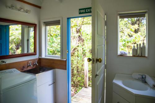 科罗曼德镇Fern Lodge Coromandel的一间带水槽和镜子的浴室以及窗户。