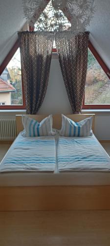 德累斯顿Winzerhaus Rissweg 15的窗户前的一张带两个枕头的床