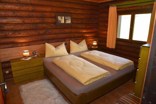 瓦尔奥纳的圣乔凡尼Berghütte Ahrntal的小木屋内一间卧室,配有两张床