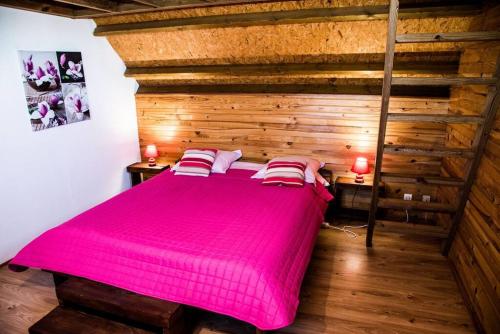 勒唐蓬Chalet des Hauts- Vue piton des neiges的木墙客房内的一张粉红色大床