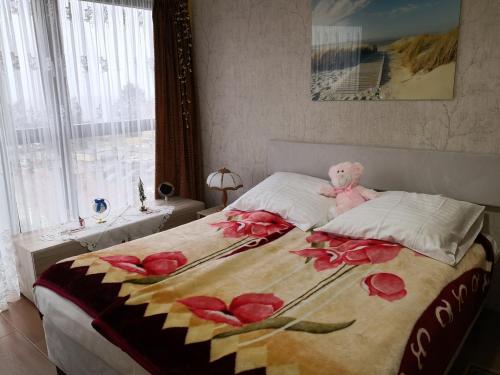 米兹多洛杰Apartament Sova的一张床上的粉红色泰迪熊