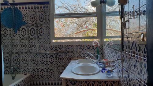 洛斯·亚诺斯·德·阿里丹CASA FLORES的一间带两个盥洗盆和窗户的浴室
