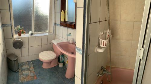 蒙特港Hospedaje Familiar Glady's House的一间带粉色水槽和卫生间的浴室