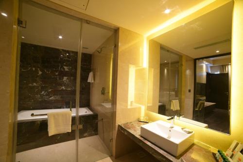 巴夫那加尔Iscon The Fern Resort & Spa, Bhavnagar的一间带水槽和淋浴的浴室