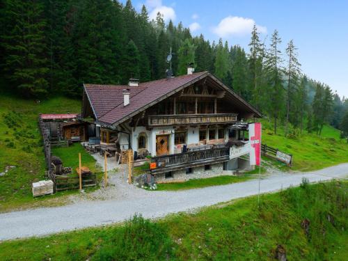 施图拜河谷新施蒂夫特Quaint alpine hut in the Stubaital with sauna的一座树木繁茂的小山上的木制大房子