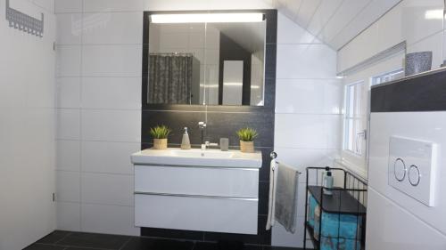 黑里绍Loft in der Natur mit Gartenzugang und Sauna的浴室设有白色水槽和镜子