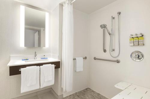 萨拉索塔萨拉索塔东快捷假日套房酒店的白色的浴室设有水槽和淋浴。
