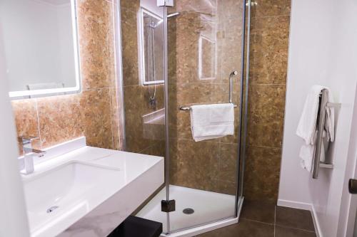 蒂阿瑙田园假日酒店的一间带水槽和玻璃淋浴的浴室