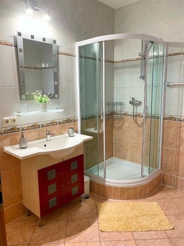 巴登-巴登纳塔利莱瑟民宿 的带淋浴、盥洗盆和浴缸的浴室
