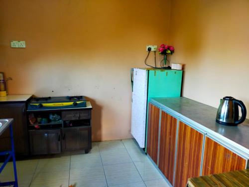 阿罗士打斯里宇达旅馆 的厨房配有绿色冰箱和炉灶。