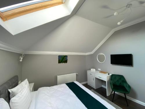 布加勒斯特Erbario House的一间卧室配有一张床、一张书桌和一台电视。