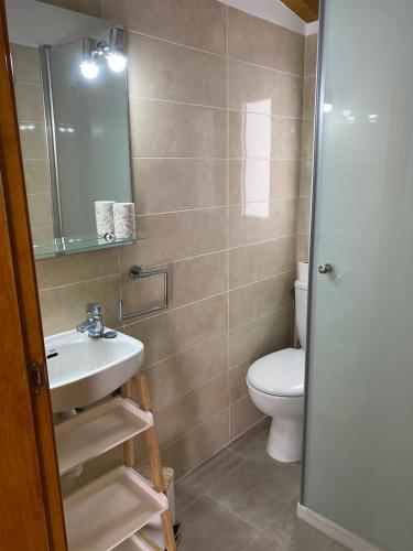 圣米格尔德阿沃纳Finca La Luz的一间带水槽、卫生间和镜子的浴室