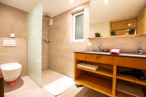 萨尔嫩Apartments Chalet Wirz Travel的一间带水槽和卫生间的浴室