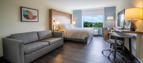 坦帕温盖特温德姆坦帕USF/布什花园酒店的酒店客房配有一张床、一张沙发和一张书桌。