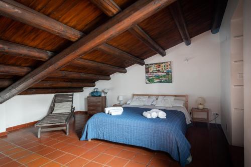 巴勒莫塞斯托坎托阁楼公寓的一间卧室设有一张床、一把椅子和木制天花板
