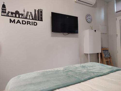 马德里Estudio Madrid Norte 2的一间卧室配有一张床,墙上配有电视