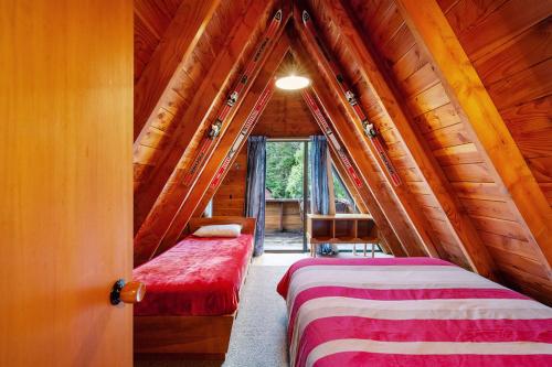 奥阿库尼The Chill Out Chalet - Ohakune Holiday Home的小木屋内一间卧室,配有两张床