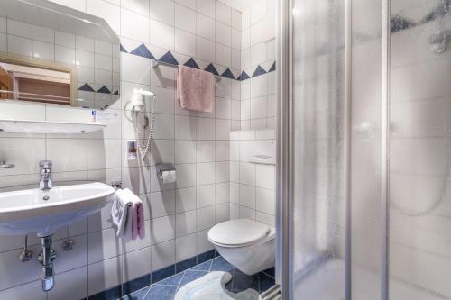 巴特霍夫加施泰因吉斯特雷恩膳食公寓的浴室配有卫生间、盥洗盆和淋浴。