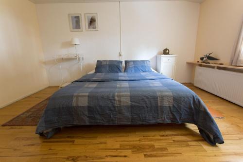 Gorredijk布利尔赫恩农家乐的白色客房的一张床铺,配有蓝色棉被