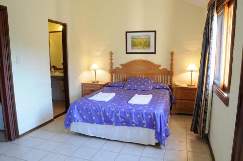 特拉玛斯阿拉佩阿拉佩绿洲温泉酒店的一间卧室配有一张带蓝色棉被的床