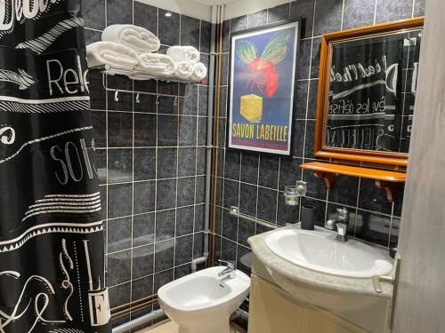 马赛le Cocooning Marseillais的一间带水槽、卫生间和镜子的浴室