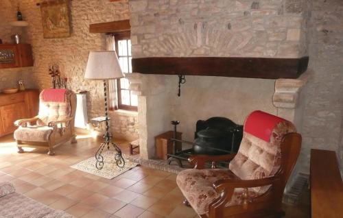 Saint-Alvère鲁迪特品鲁戈度假屋的客厅配有两把椅子和壁炉