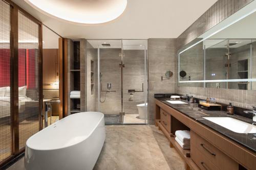 潍坊潍坊恒信拉昆塔温德姆酒店的带浴缸、水槽和淋浴的浴室