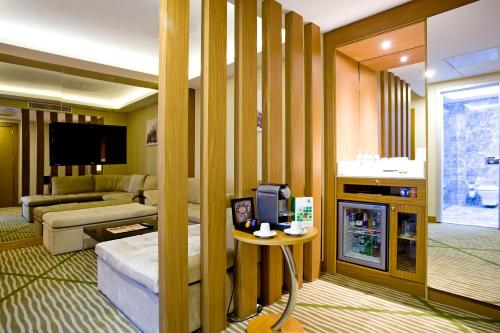 加济安泰普加济安泰普假日酒店的带沙发和电视的客厅