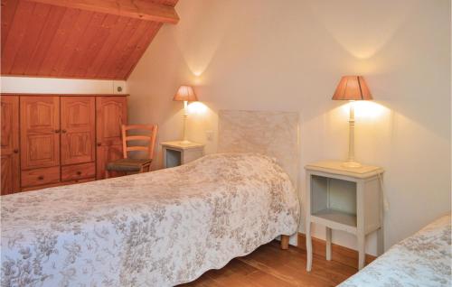 Roisel莱斯欧姆比利弗瑞度假屋的一间卧室配有两张床、两张桌子和两盏灯。