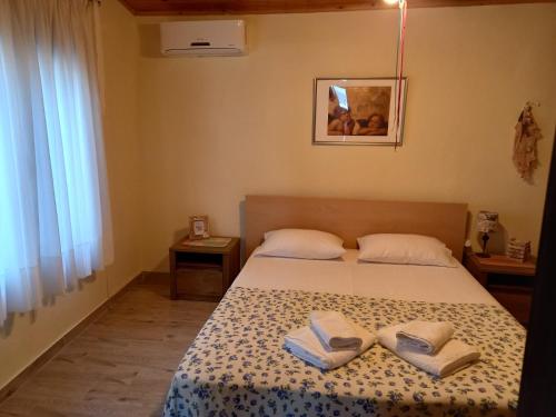 阿莫利亚尼岛Glastri Ammouliani的一间卧室配有一张床,上面有两条毛巾