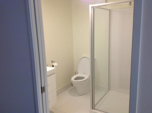 新普利茅斯中央公园一室公寓的一间带卫生间和玻璃淋浴间的浴室
