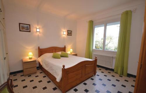 CarombLovely Home In Caromb With Wifi的一间卧室配有一张带绿色枕头的床和一扇窗户